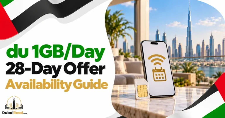 du 1GB/Day 28-Day Offer guide featuring a smartphone with a mobile-data symbol and a calendar icon