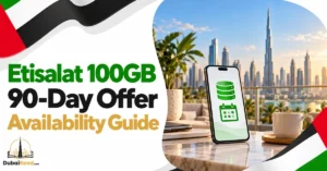 Etisalat 100GB 90-Day Offer guide featuring a smartphone with a large data icon and calendar motif