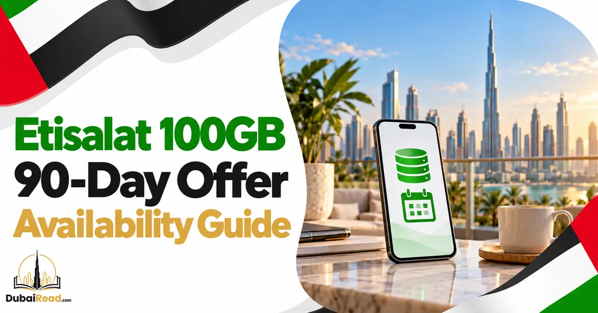Etisalat 100GB 90-Day Offer guide featuring a smartphone with a large data icon and calendar motif