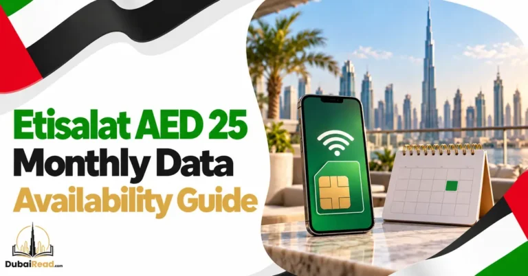 Etisalat AED 25 Monthly Data guide featuring a smartphone with a data-plan card and calendar motif