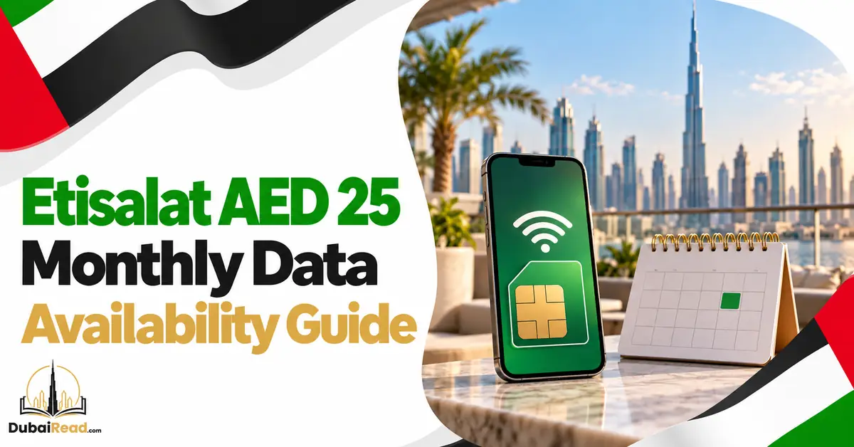 Etisalat AED 25 Monthly Data guide featuring a smartphone with a data-plan card and calendar motif