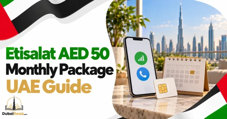 Etisalat AED 50 Monthly Package guide featuring a smartphone with simple mobile-data and phone-call icons