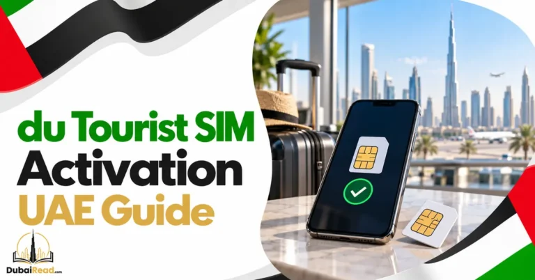 du tourist SIM activation guide with a smartphone, SIM card and Dubai skyline