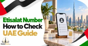 Etisalat Number How to Check guide featuring a smartphone with a SIM-card and contact-profile symbol