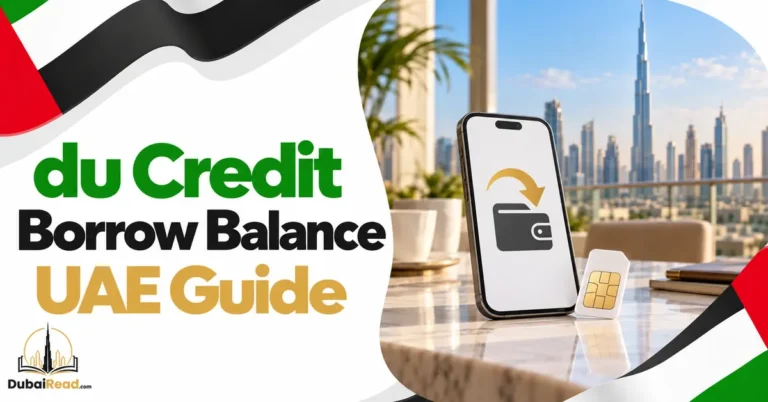 du Credit Borrow Balance guide featuring a smartphone with a neutral wallet and reserve-credit arrow icon