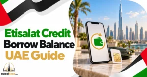 Etisalat Credit Borrow Balance guide featuring a smartphone with a wallet and circular reserve-credit arrow icon