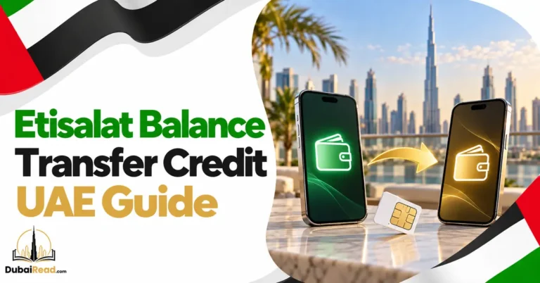 Etisalat Balance Transfer Credit guide featuring two premium smartphones with wallet symbols and a gold transfer arrow