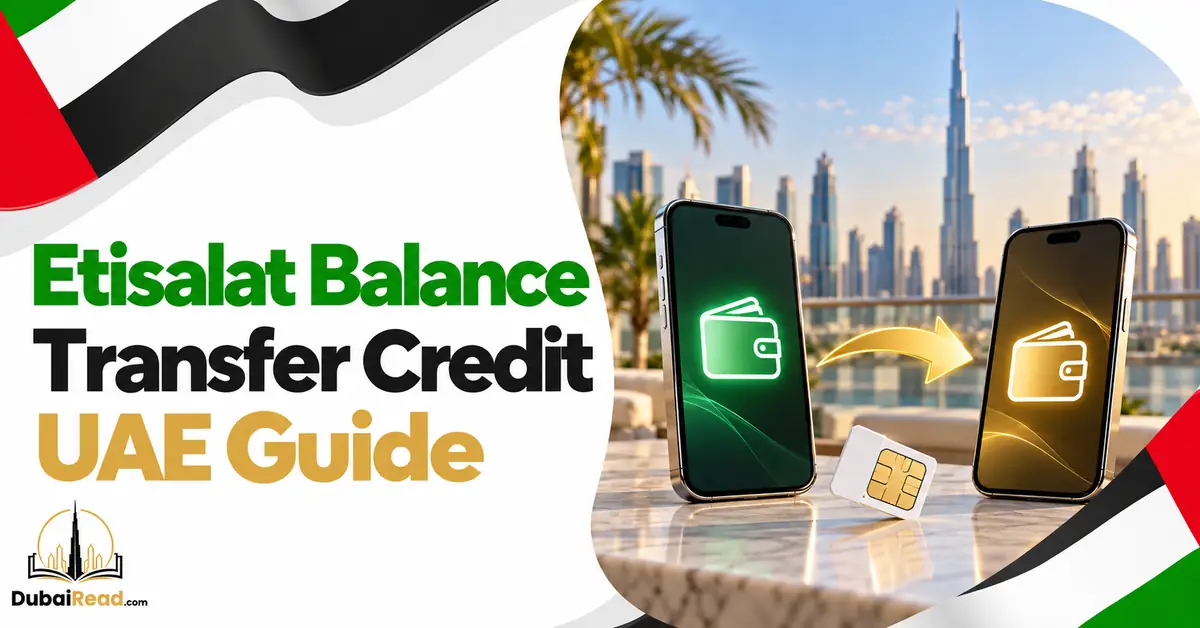 Etisalat Balance Transfer Credit guide featuring two premium smartphones with wallet symbols and a gold transfer arrow