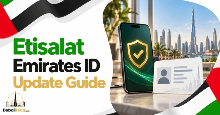 Etisalat Emirates ID update guide with a smartphone verification shield and symbolic identity card