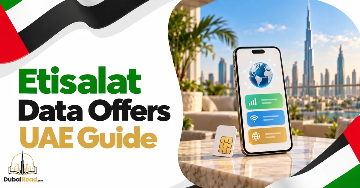 Etisalat Data Offers guide featuring a smartphone displaying a tasteful globe and three abstract data-plan cards without numbers