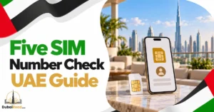 Five SIM Number Check guide featuring a smartphone with a SIM-card and contact/profile icon