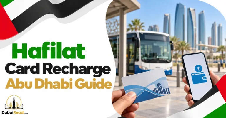 Hafilat Card Recharge guide featuring a generic transit card and smartphone with a wallet top-up icon
