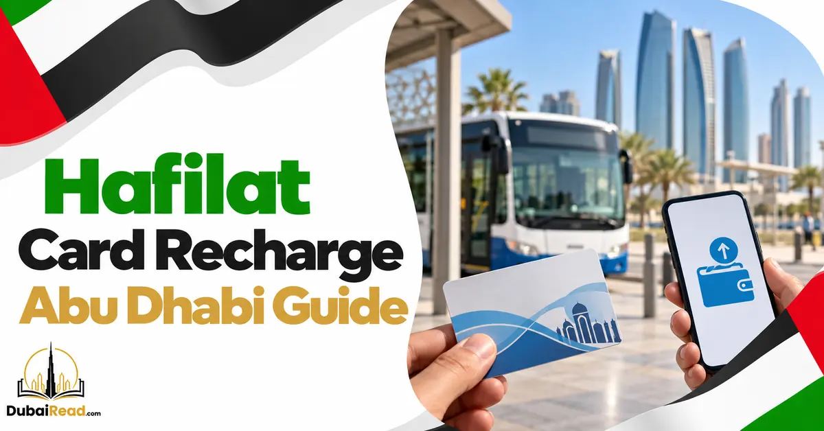 Hafilat Card Recharge guide featuring a generic transit card and smartphone with a wallet top-up icon