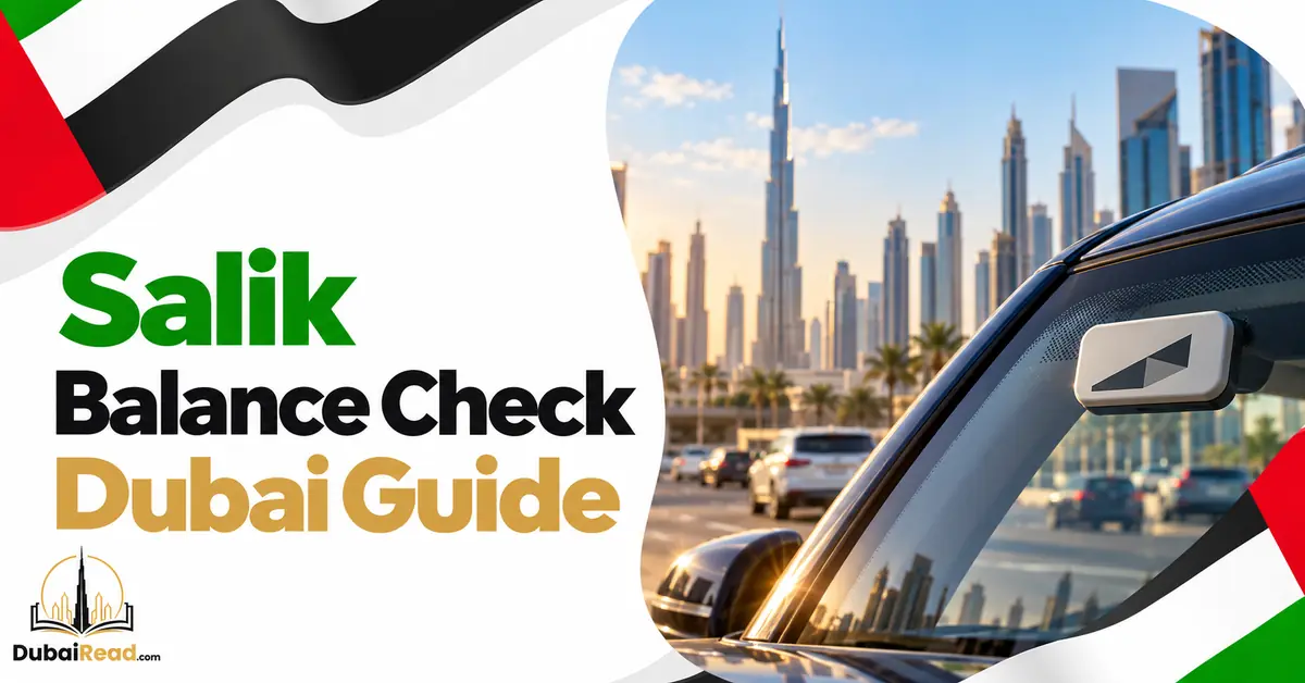 Salik Balance Check guide featuring a smartphone with a neutral wallet and toll-tag symbol