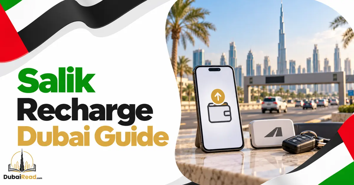 Salik Recharge guide featuring a smartphone showing a neutral wallet top-up icon