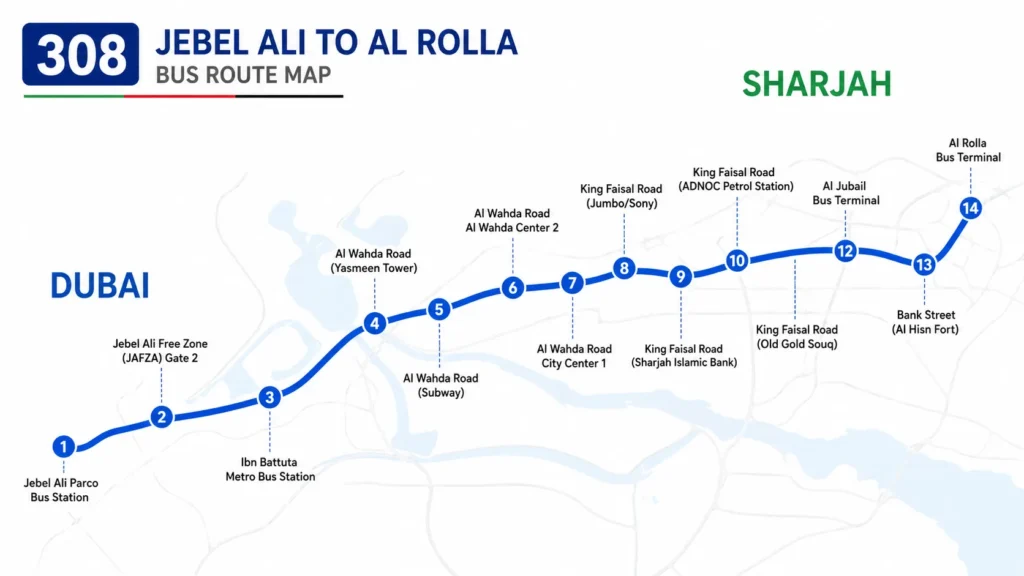 308 Jebel Ali to Sharjah Bus Route