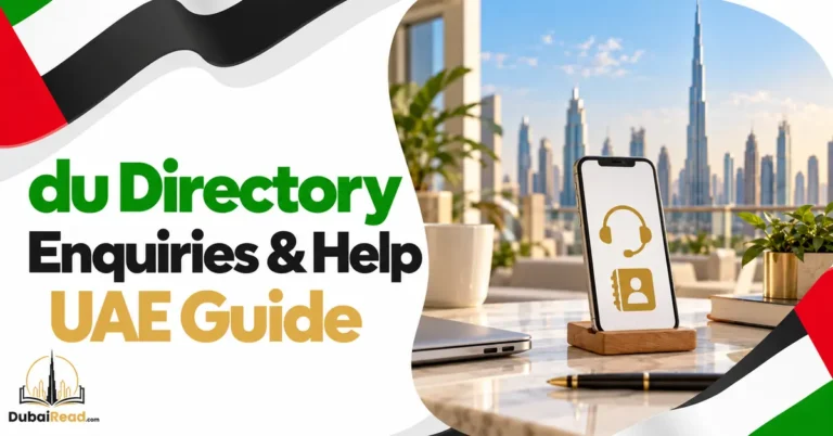 du Directory Enquiries & Help guide featuring a smartphone with a clean headset and contact-book symbol on its screen