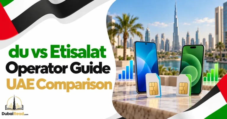 du vs Etisalat Operator Guide guide featuring two premium smartphones and two SIM cards side by side with abstract signal-strength graphics