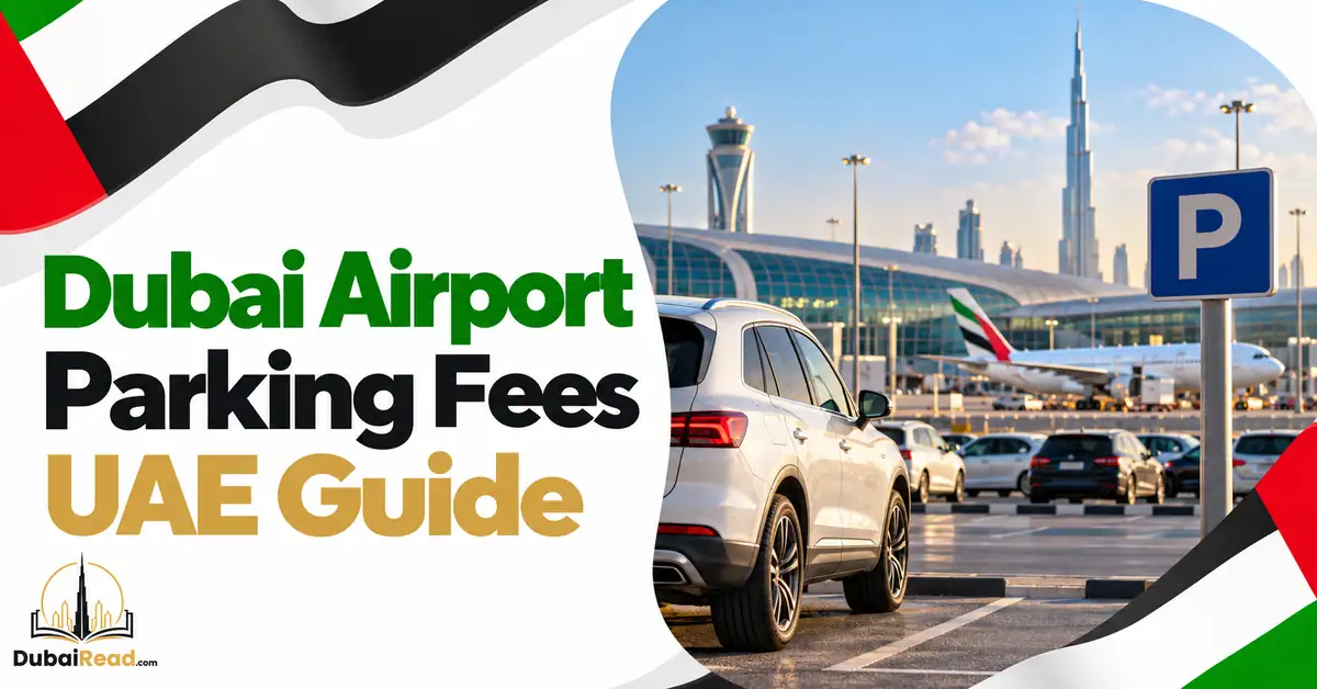 Dubai Airport Parking Fees guide featuring a modern car in a clean airport parking area