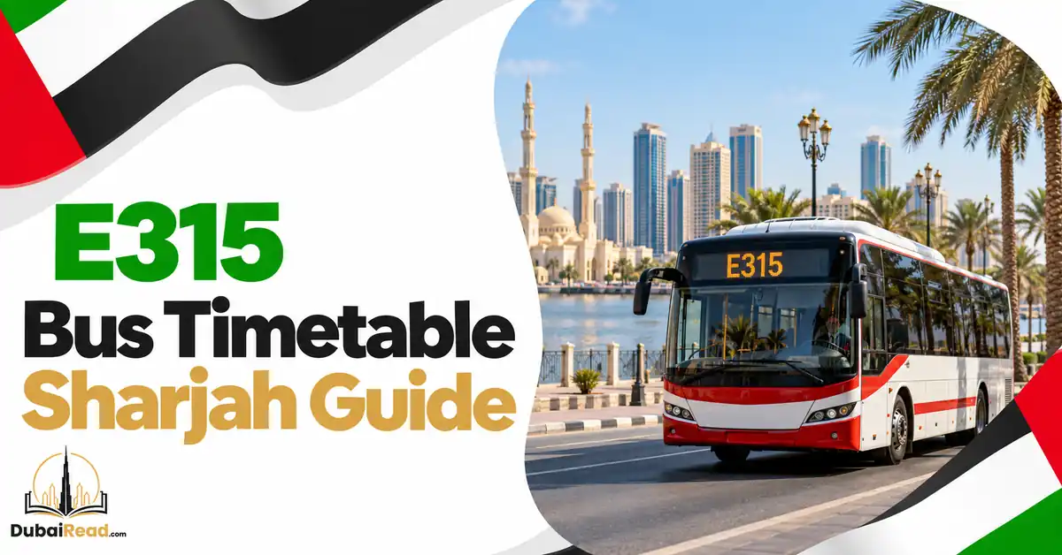 E315 Bus Timetable guide featuring a realistic intercity red-and-white bus on a UAE city street