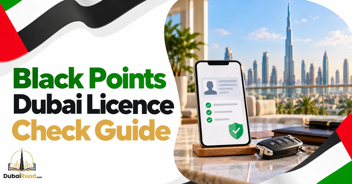 Black Points Dubai Licence guide featuring a smartphone displaying a generic driving-licence silhouette with a small checklist and shield