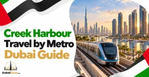 Creek Harbour Travel by Metro guide featuring a sleek Dubai Metro train motif in the foreground and an atmospheric Dubai Creek Harbour waterfront skyline behind