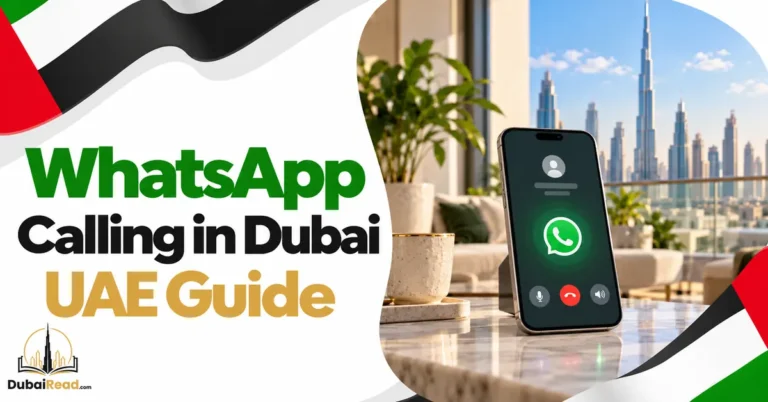 WhatsApp Calling in Dubai guide featuring a smartphone with neutral chat bubbles and a telephone-call icon
