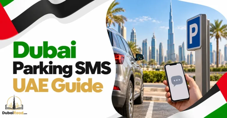 Dubai Parking SMS guide featuring a modern car beside a parking sign and smartphone with a neutral SMS/chat symbol