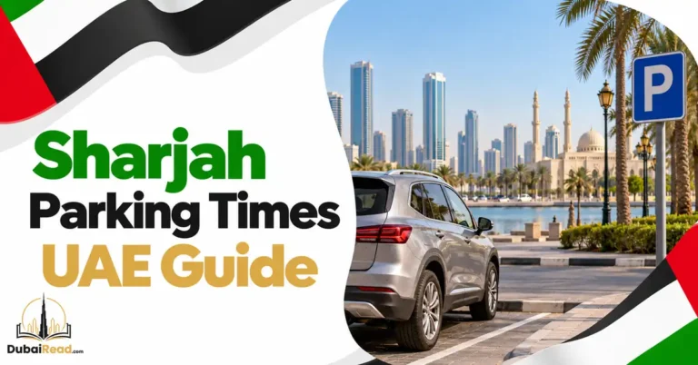 Sharjah Parking Times guide featuring a clean Sharjah city parking bay with a modern car